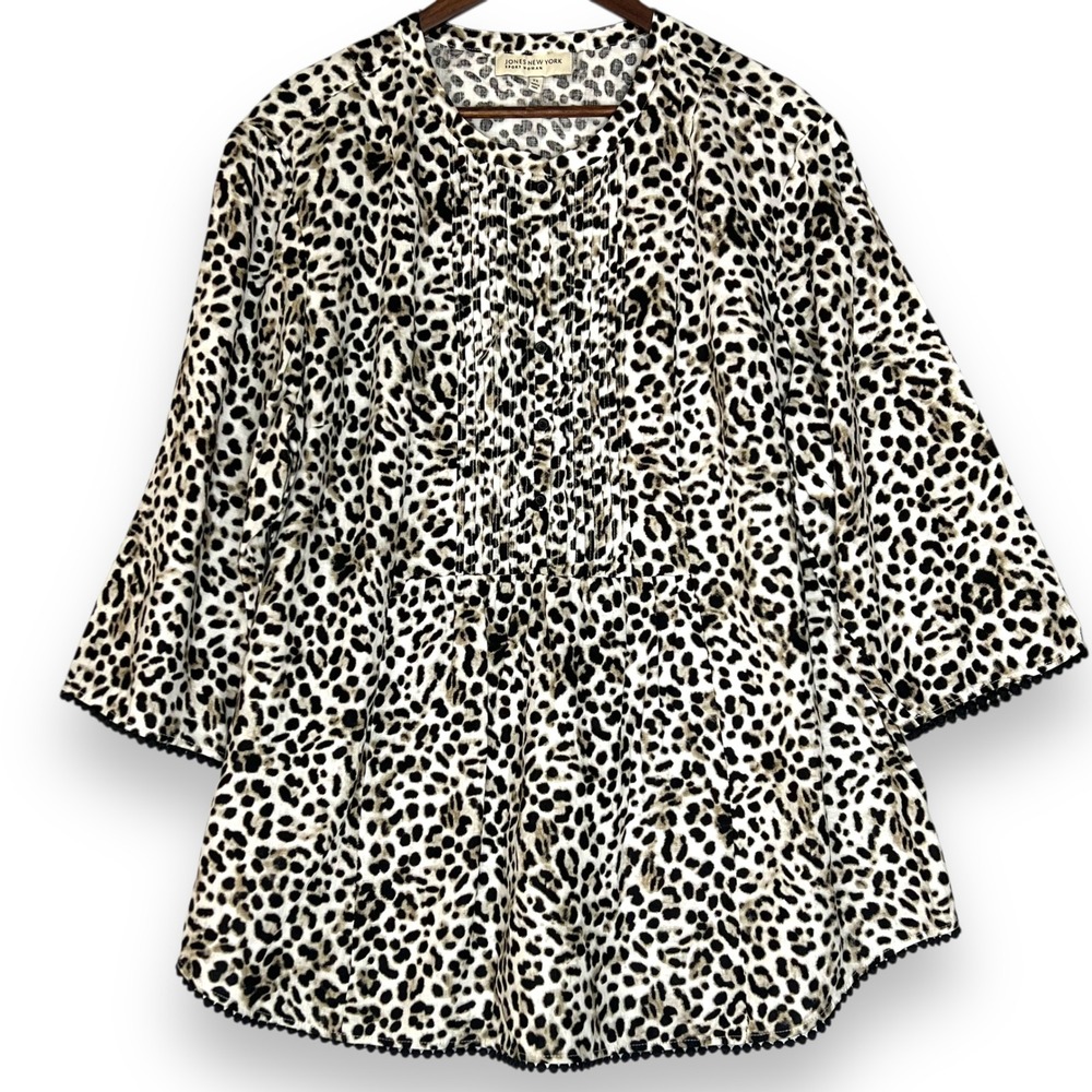 NWT Jones New York Sport 2X‎ 100% Linen Leopard Animal Tunic Top Pintuck Blouse